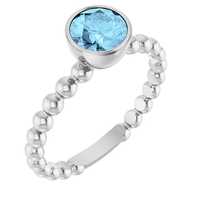 14K Gold Round Natural Aquamarine Family Beaded Stackable Ring - White Gold