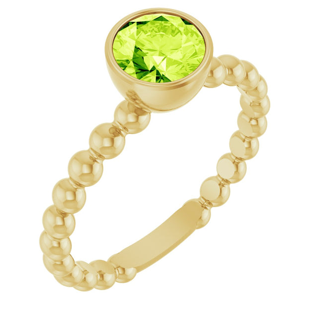 14K Gold Round Natural Peridot Family Beaded Stackable Ring - Yellow Gold