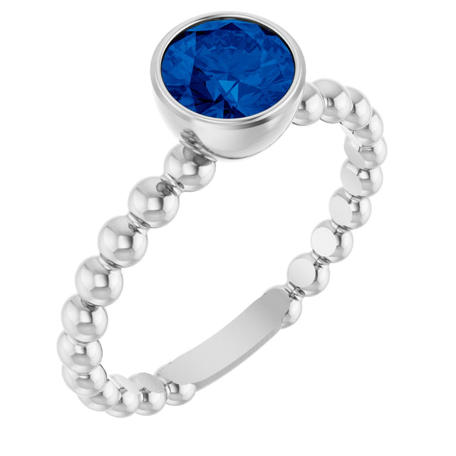 14K Gold Round Natural Blue Sapphire Family Beaded Stackable Ring - White Gold