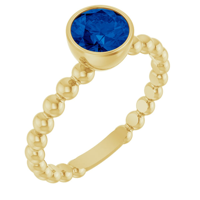 14K Gold Round Lab-Grown Blue Sapphire Family Beaded Stackable Ring - Yellow Gold