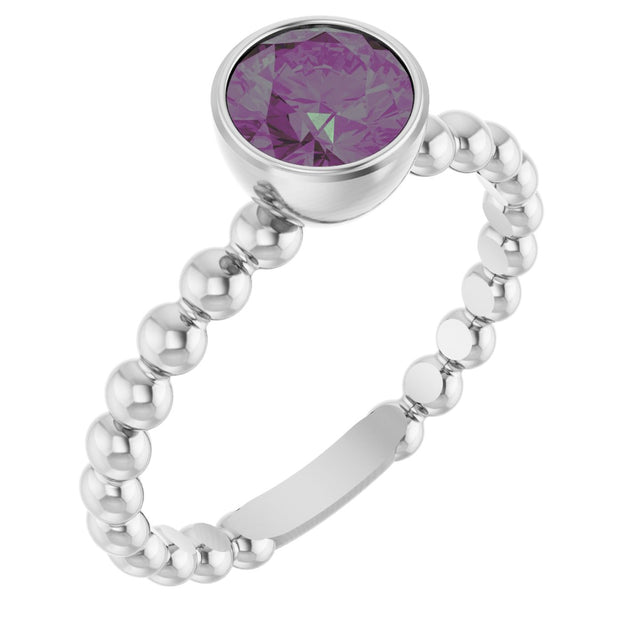 14K Gold Round Lab-Grown Alexandrite Family Beaded Stackable Ring - White Gold