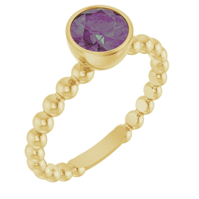 14K Gold Round Lab-Grown Alexandrite Family Beaded Stackable Ring - Yellow Gold