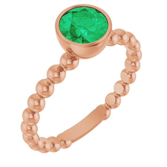14K Gold Round Natural Emerald Family Beaded Stackable Ring - Rose Gold