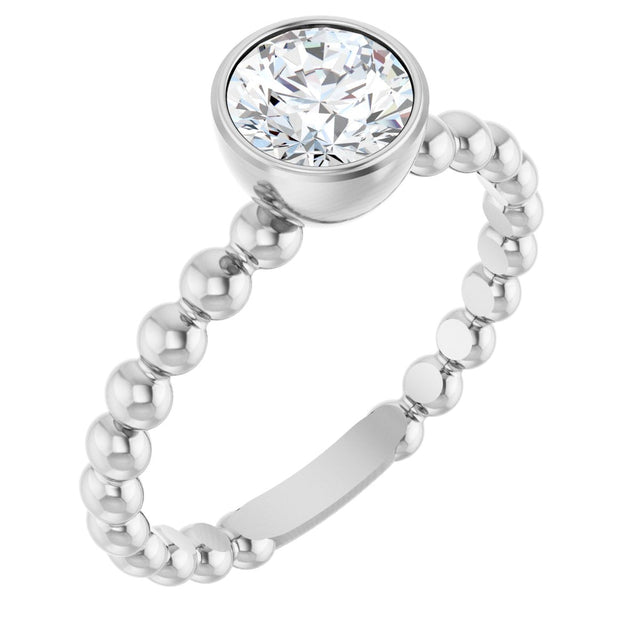 14K Gold Round Natural White Sapphire Family Beaded Stackable Ring - White Gold