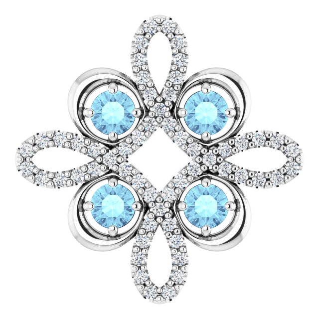 14K Gold Round Natural Aquamarine Clover Necklace or Pendant - White Gold