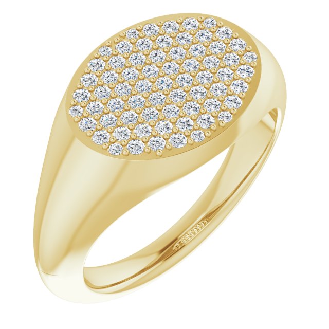 14K Gold Round Natural Diamond Pave'-Style Cluster Signet Ring - Yellow Gold