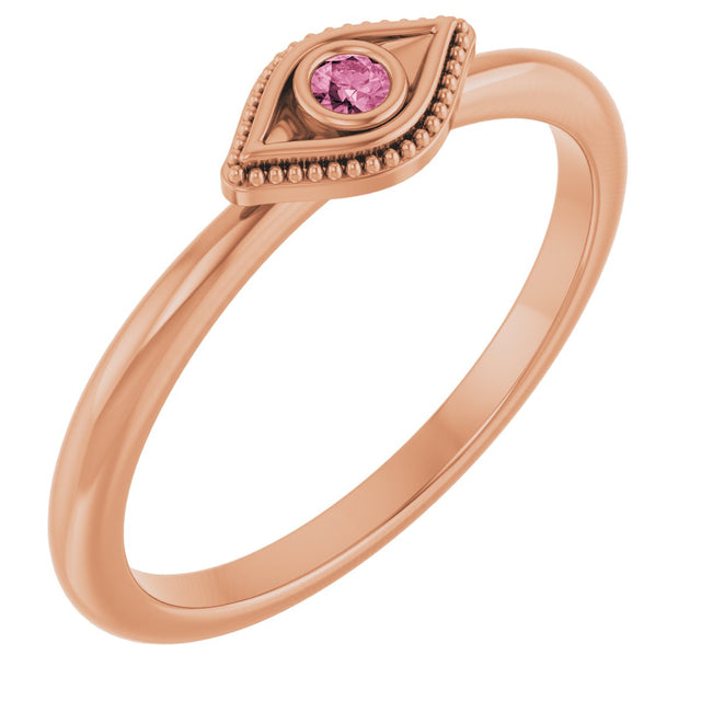 14K Gold Round Natural Pink Tourmaline Stackable Evil Eye Ring - Rose Gold