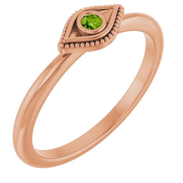 14K Gold Round Natural Peridot Stackable Evil Eye Ring - Rose Gold