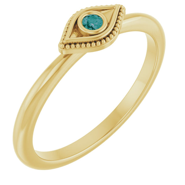 14K Gold Round Lab-Grown Alexandrite Stackable Evil Eye Ring - Yellow Gold