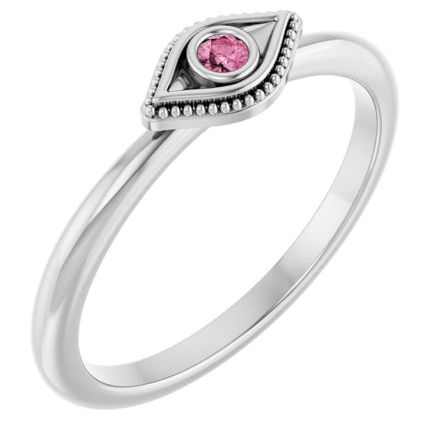 14K Gold Round Natural Pink Tourmaline Stackable Evil Eye Ring - White Gold