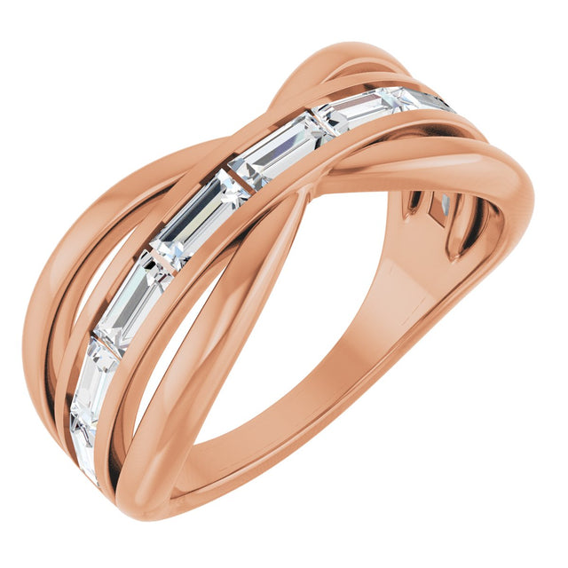 14K Gold Straight Baguette Natural Diamond Criss-Cross Ring - Rose Gold