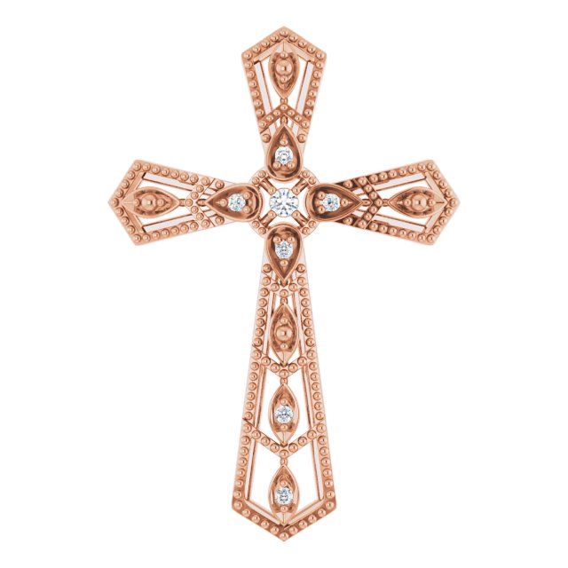 14K Gold Round Natural Diamond Milgrain Cross Pendant - Rose Gold