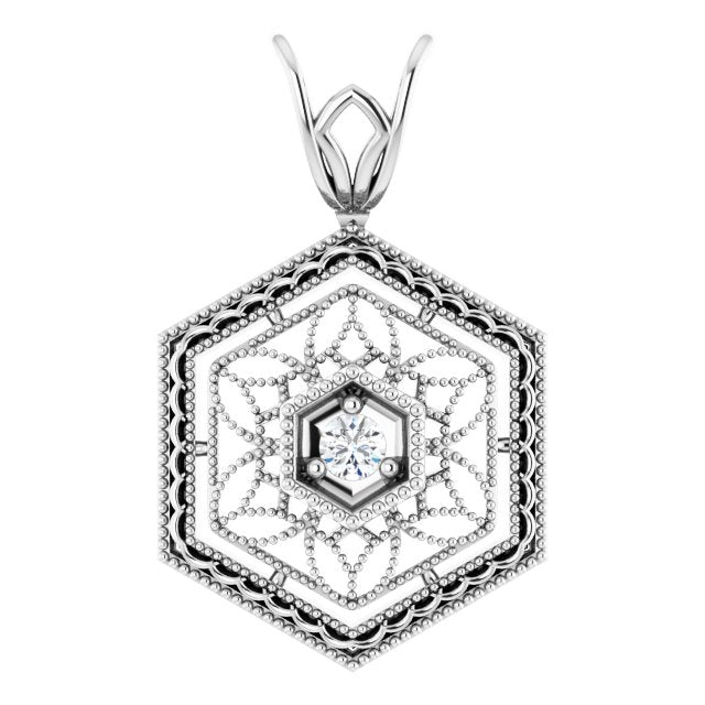 14K Gold Round Natural Diamond Filigree Pendant - White Gold