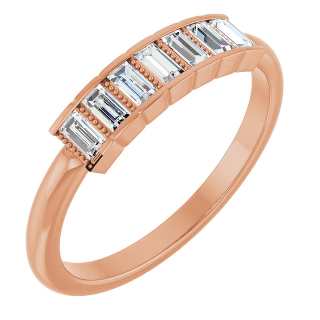 14K Gold Straight Baguette Natural Diamond Beaded Seven-Stone Stackable Ring - Rose Gold