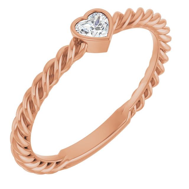 14K Gold Natural Diamond Stackable Bezel-Set Heart Rope Ring - Rose Gold