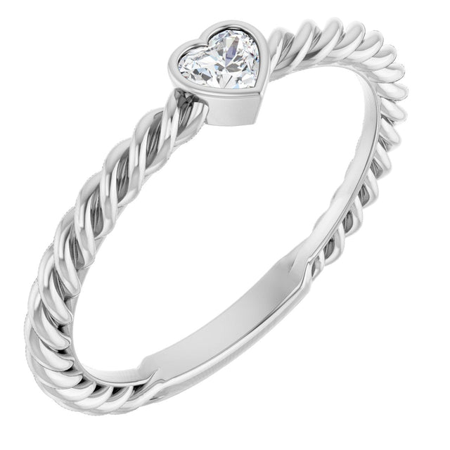 14K Gold Natural Diamond Stackable Bezel-Set Heart Rope Ring - White Gold