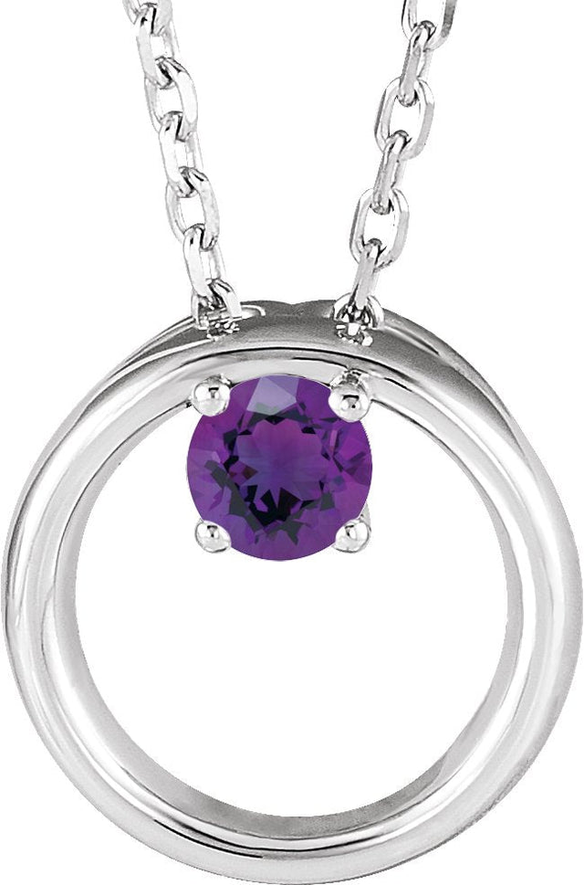 14K Gold Round Natural Amethyst Circle Necklace - White Gold