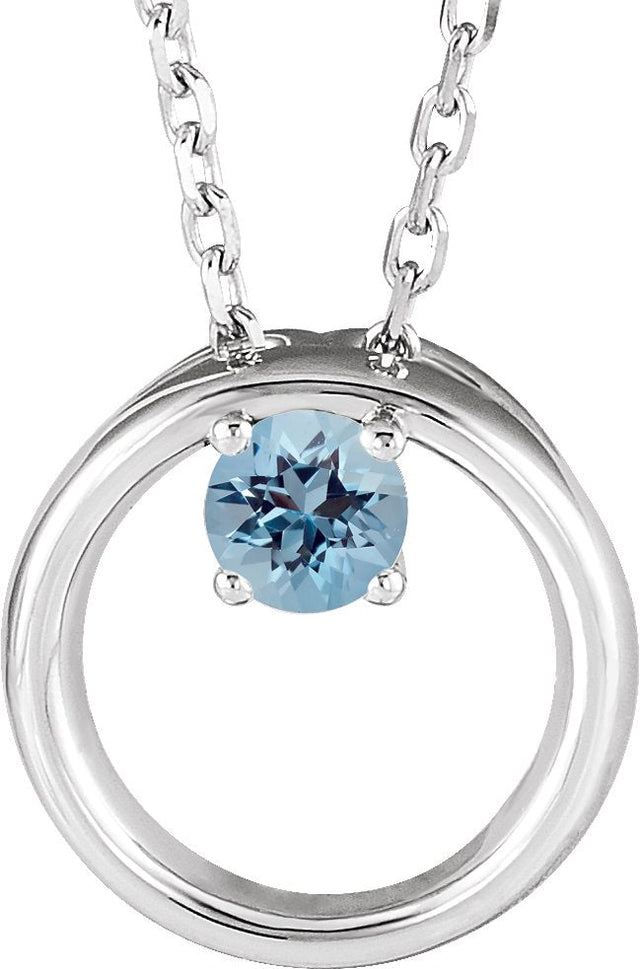 14K Gold Round Natural Aquamarine Circle Necklace - White Gold