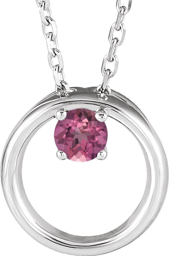 14K Gold Round Natural Pink Tourmaline Circle Necklace - White Gold