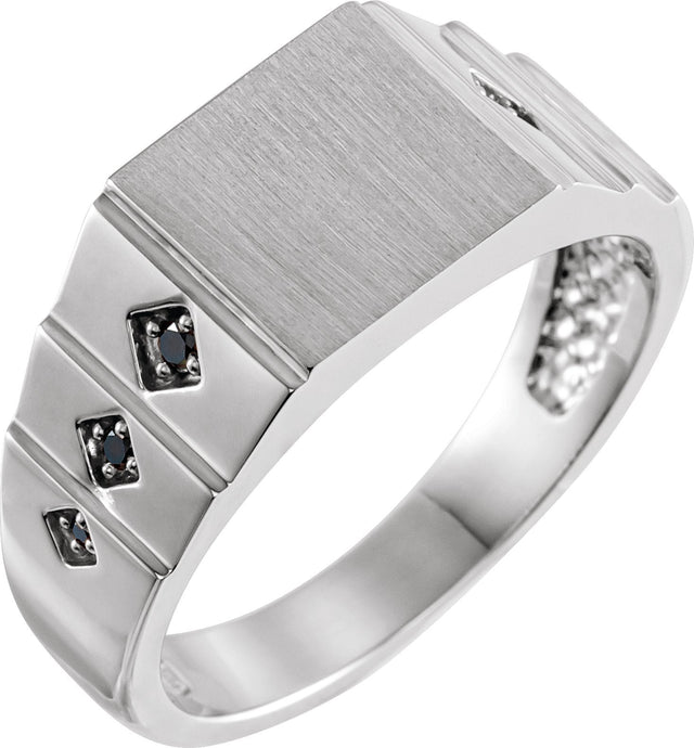 14K Gold Round Natural Black Diamond Geometric Signet Ring - White Gold