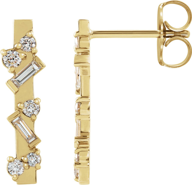 14K Gold Natural Diamond Scattered Bar Earrings - Yellow Gold
