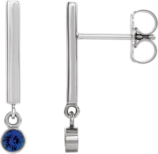 Platinum Round Natural Blue Sapphire Bezel-Set Bar Earrings