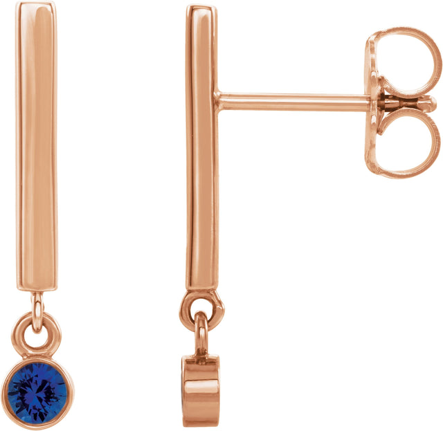 14K Gold Round Natural Blue Sapphire Bezel-Set Bar Earrings - Rose Gold