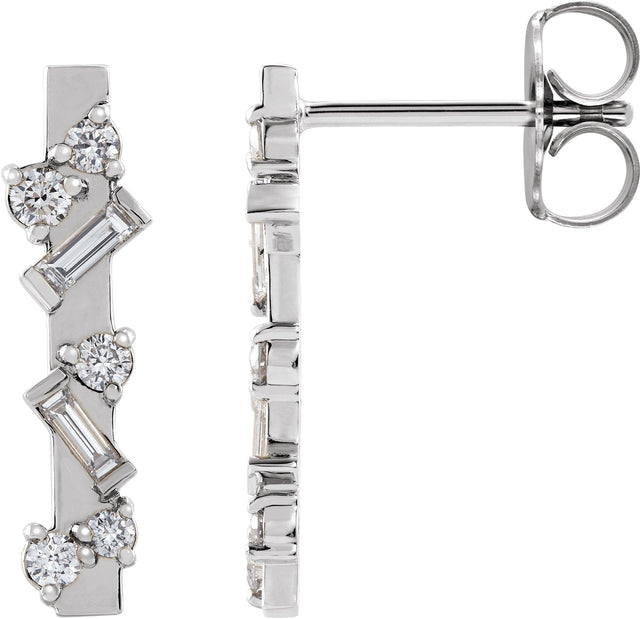 14K Gold Natural Diamond Scattered Bar Earrings - White Gold