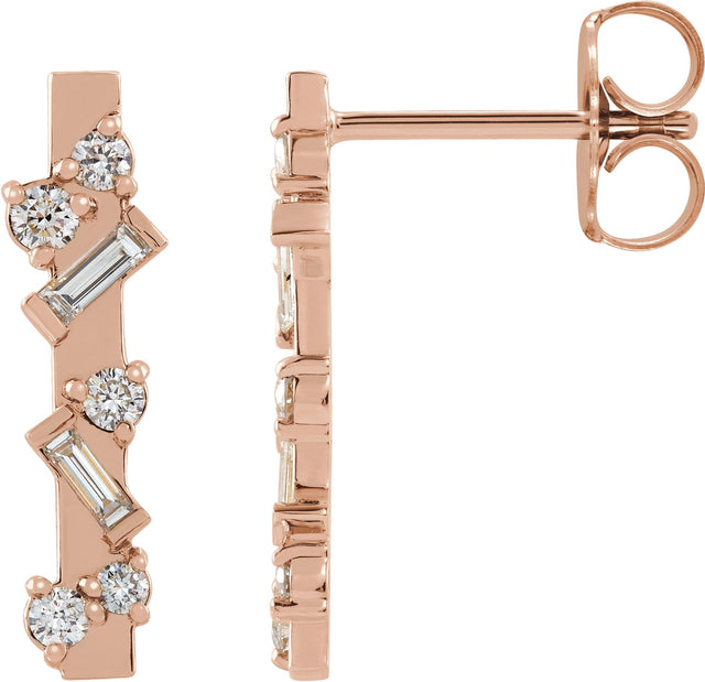 14K Gold Natural Diamond Scattered Bar Earrings - Rose Gold