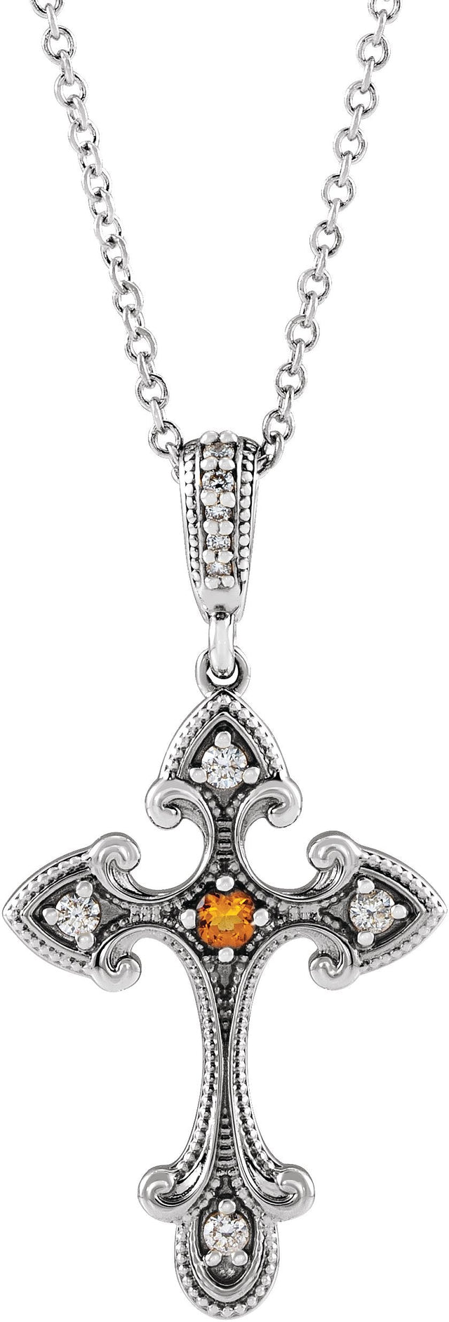 14K Gold Round Natural Citrine Cross Necklace or Pendant - White Gold