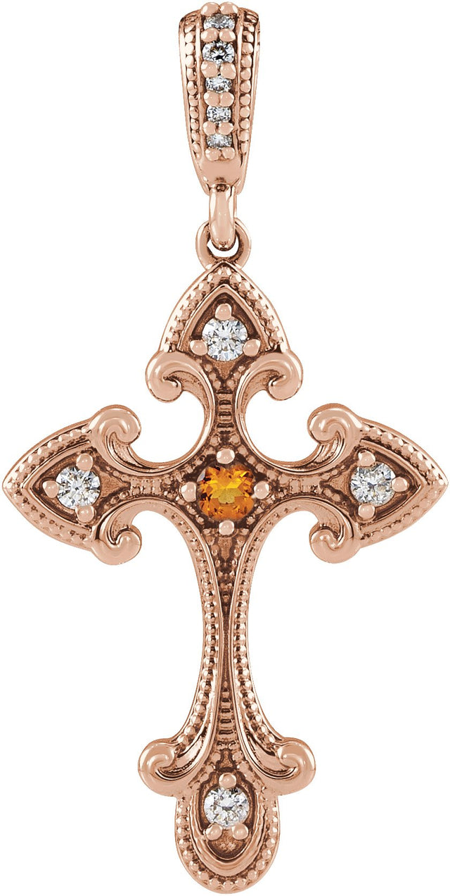 14K Gold Round Natural Citrine Cross Necklace or Pendant - Rose Gold