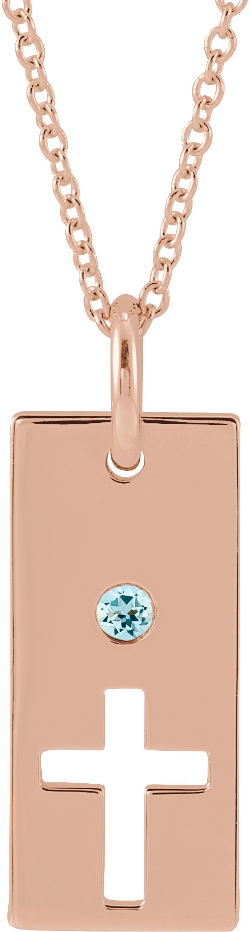 14K Gold Round Natural Aquamarine Accented Cross Bar Necklace or Pendant - Rose Gold