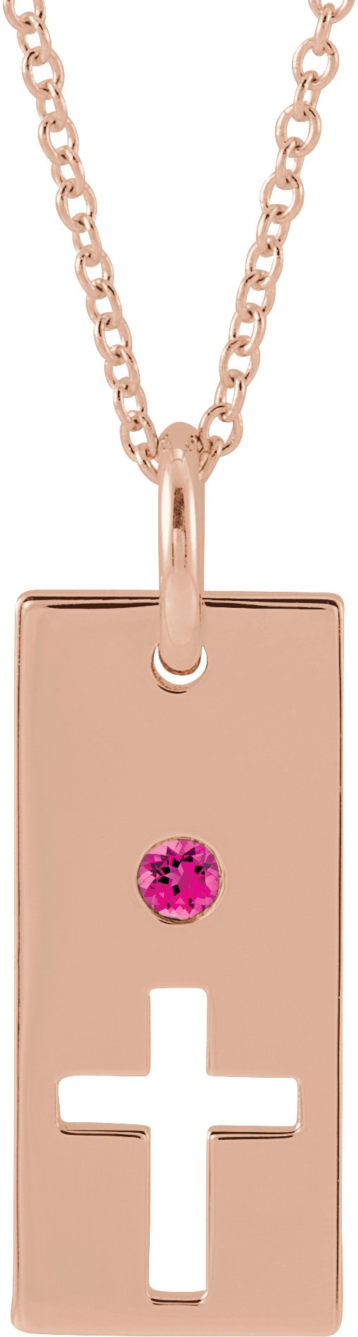 14K Gold Round Natural Pink Tourmaline Accented Cross Bar Necklace or Pendant - Rose Gold