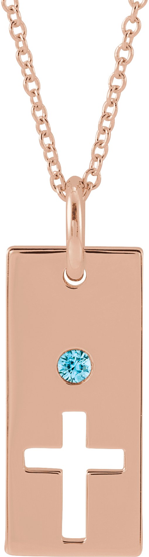 14K Gold Round Natural Blue Zircon Accented Cross Bar Necklace or Pendant - Rose Gold