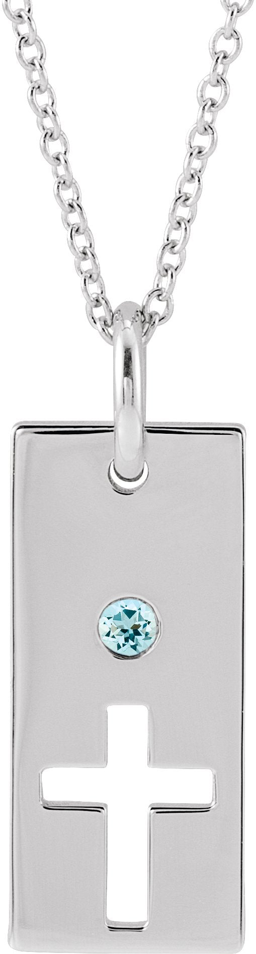 14K Gold Round Natural Aquamarine Accented Cross Bar Necklace or Pendant - White Gold