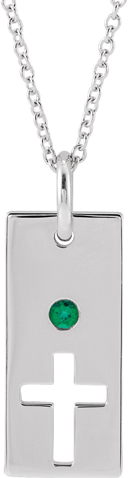 14K Gold Round Natural Emerald Accented Cross Bar Necklace or Pendant - White Gold