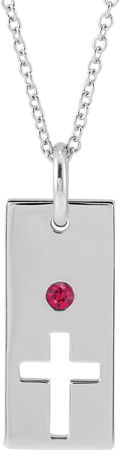 14K Gold Round Natural Ruby Accented Cross Bar Necklace or Pendant - White Gold