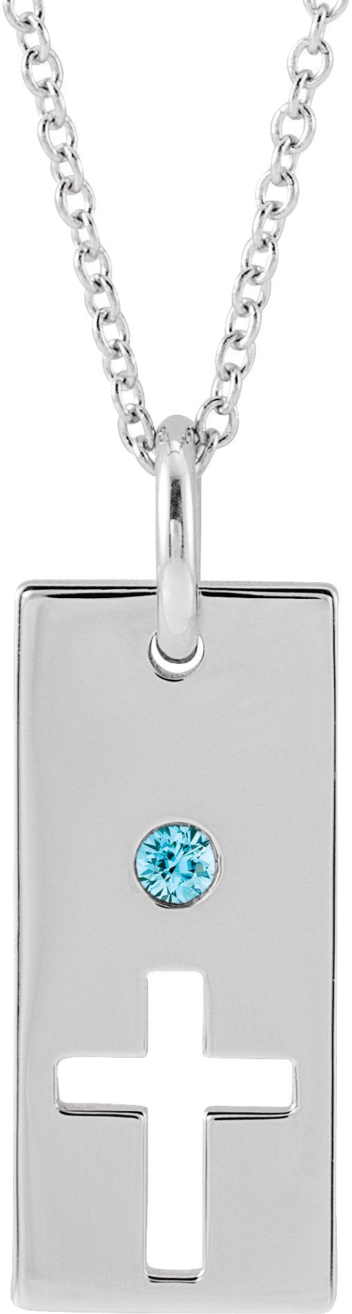 14K Gold Round Natural Blue Zircon Accented Cross Bar Necklace or Pendant - White Gold