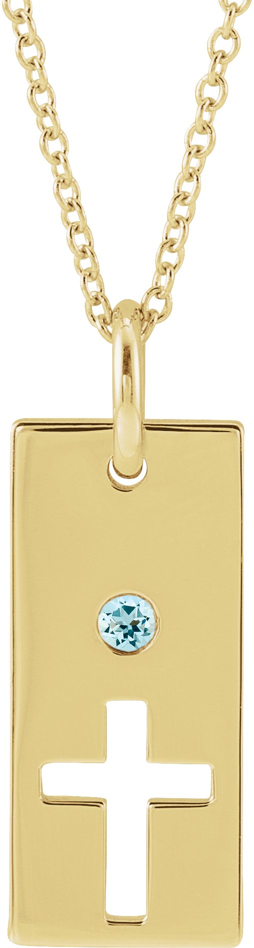 14K Gold Round Natural Aquamarine Accented Cross Bar Necklace or Pendant - Yellow Gold