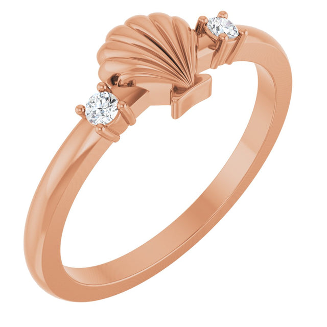 14K Gold Round Natural Diamond Seashell Ring - Rose Gold