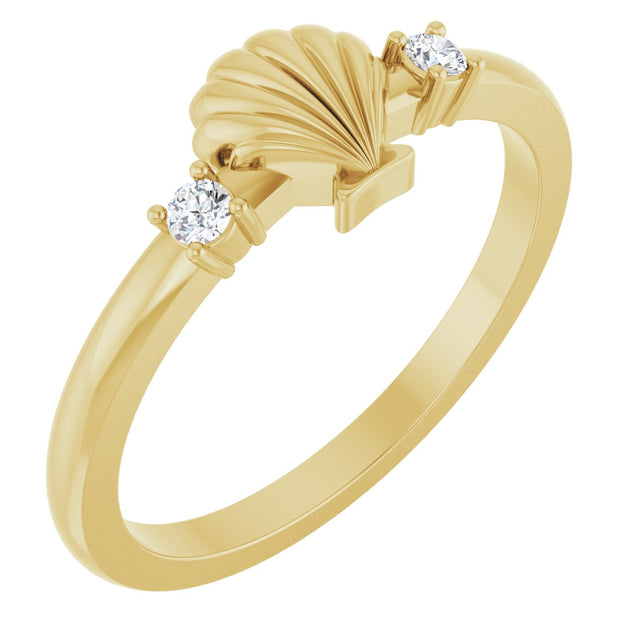 14K Gold Round Natural Diamond Seashell Ring - Yellow Gold