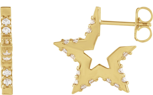 14K Gold Round Natural Diamond Star Hoop Earrings - Yellow Gold