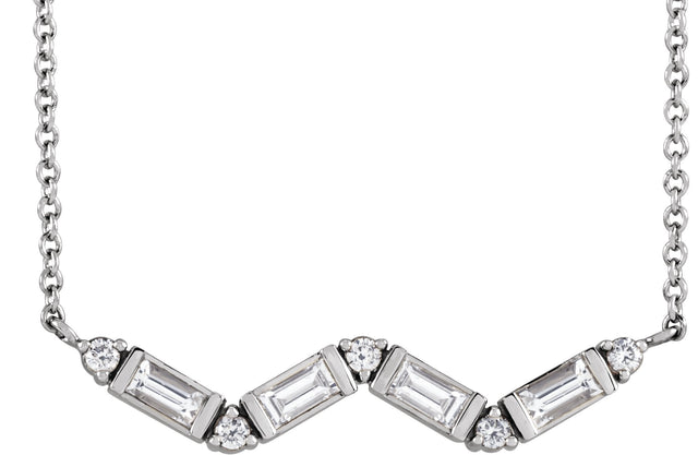 Platinum Straight Baguette Natural Diamond Accented Baguette Bar Necklace