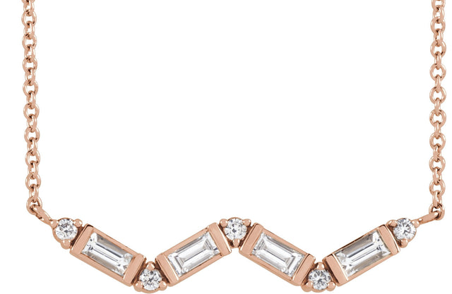 14K Gold Straight Baguette Natural Diamond Accented Baguette Bar Necklace - Rose Gold