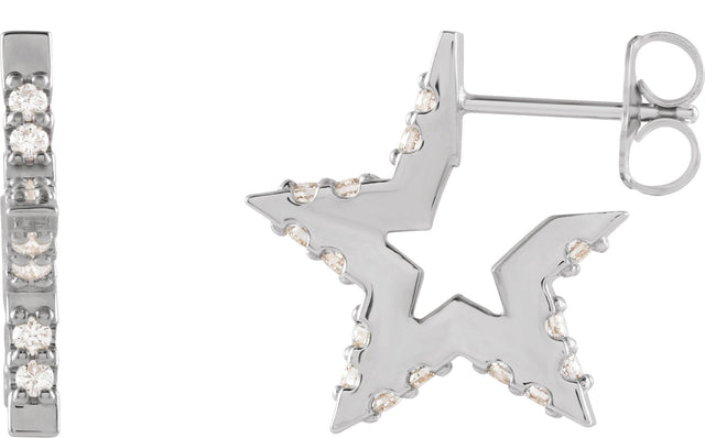 14K Gold Round Natural Diamond Star Hoop Earrings - White Gold