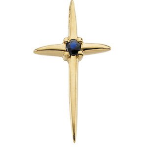 14K Gold Round Natural Blue Sapphire Solitaire Cross Pendant - Yellow Gold