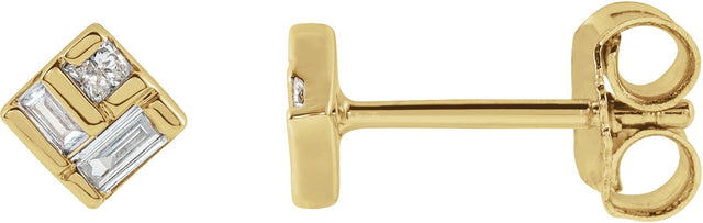 14K Gold Straight Baguette Natural Diamond Geometric Earrings - Yellow Gold