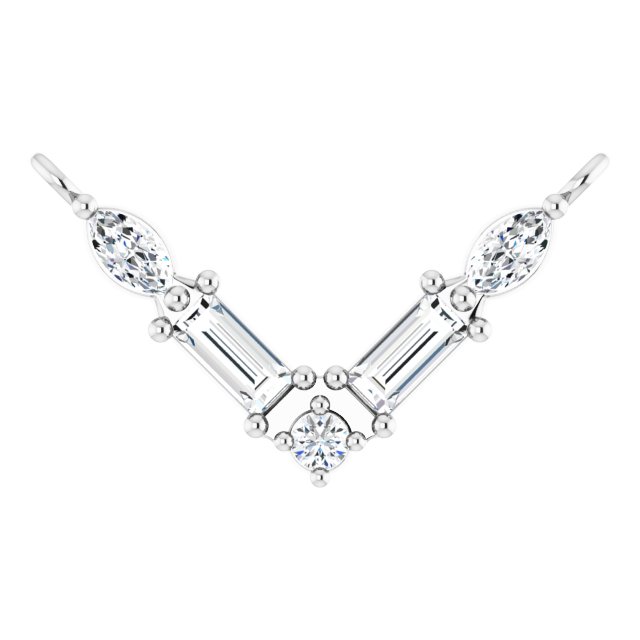 14K Gold Straight Baguette Natural Diamond Petite V Necklace - White Gold