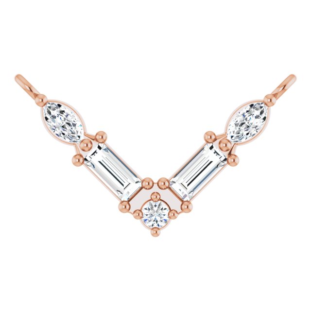 14K Gold Straight Baguette Natural Diamond Petite V Necklace - Rose Gold