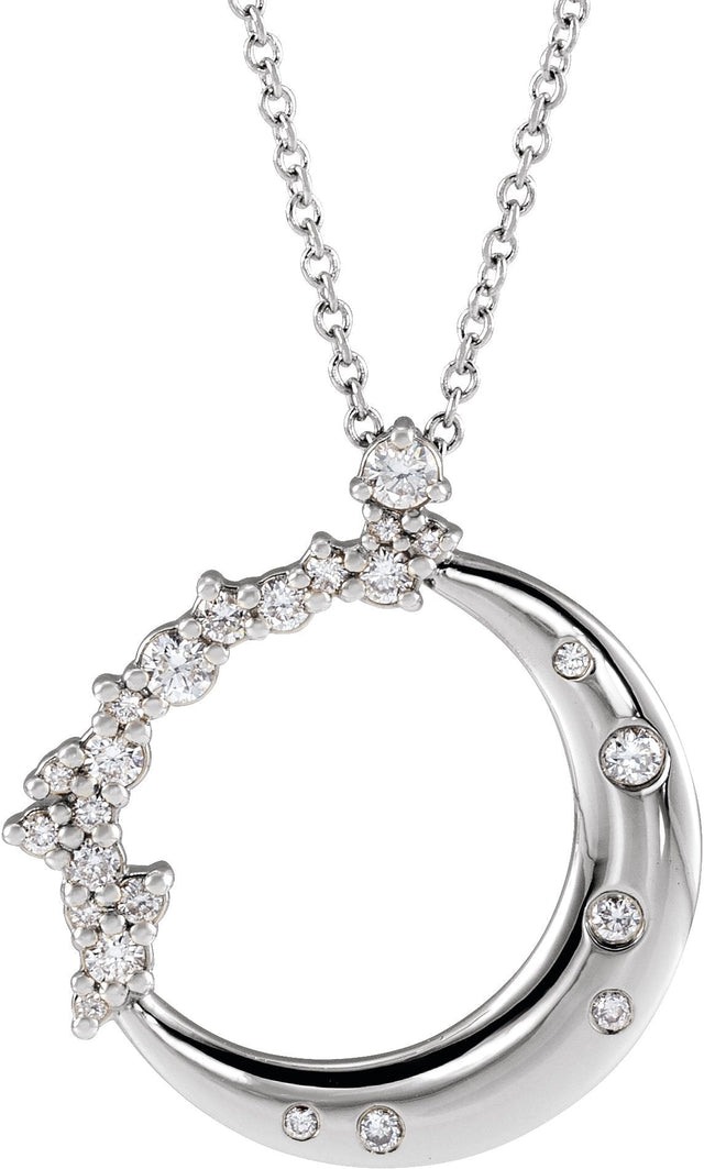 14K Gold Round Natural Diamond Crescent Moon Necklace or Pendant - White Gold